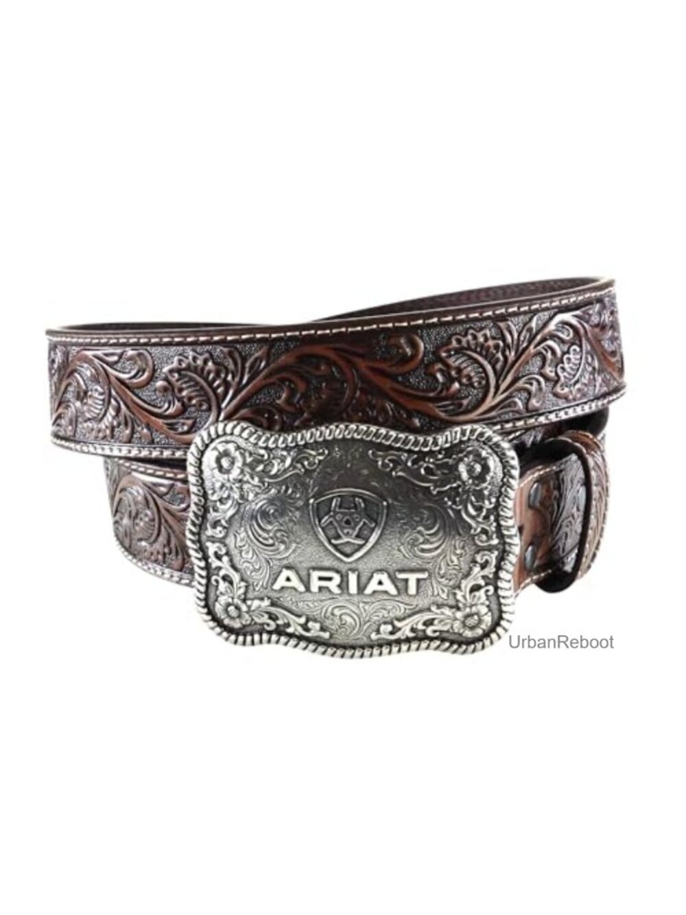 Men's Western Floral Embossed Leather Belt with Antiqued Silver Cowboy Buckle